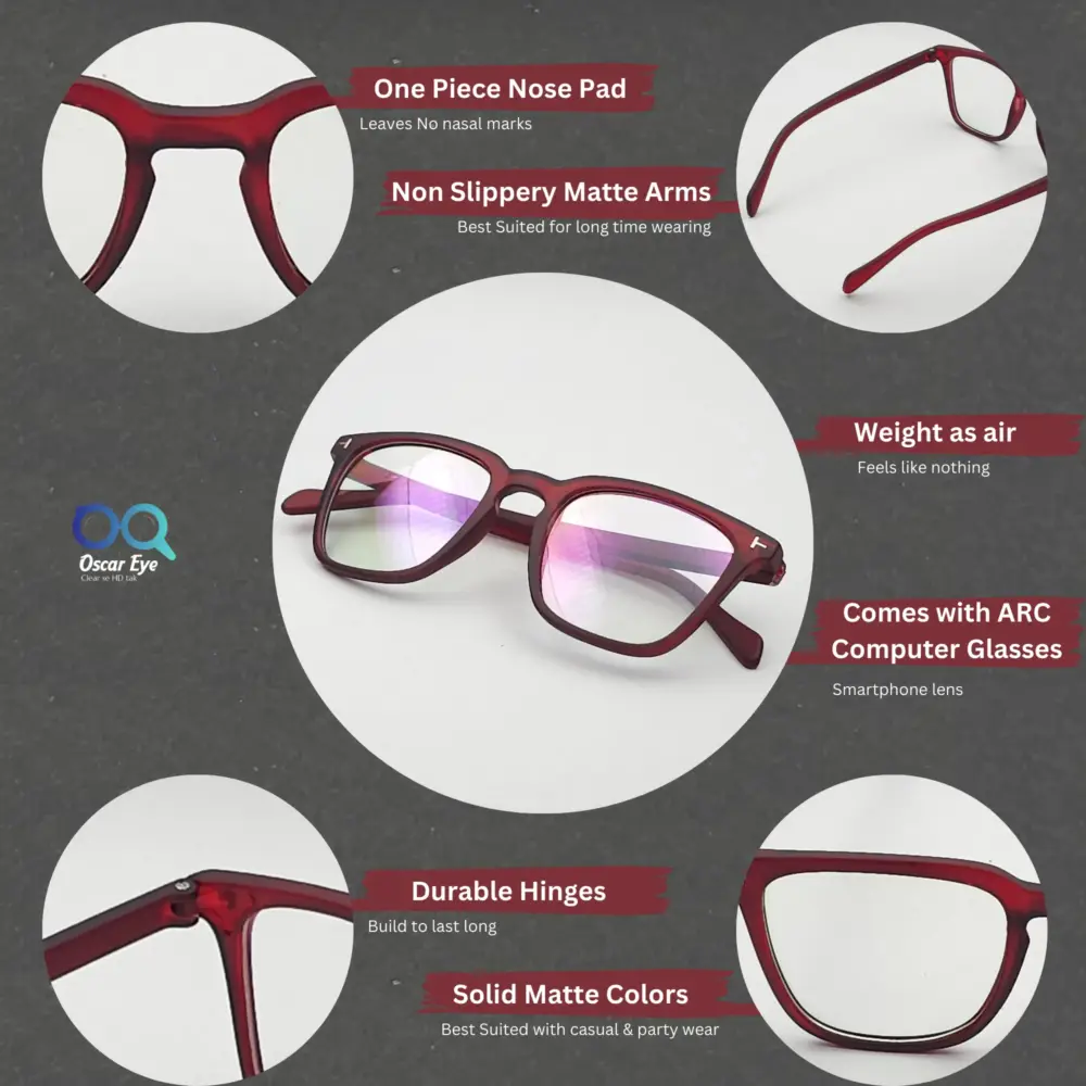 Matte Red retro square wayfarer eyeglasses with UV protection |OscarEye|